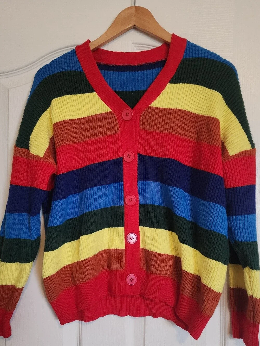 🌈Y2K UNIF Style Rainbow Striped Cardigan - Chunky Knit V-Neck Sweater Kidcore💕 - Picture 2 of 5